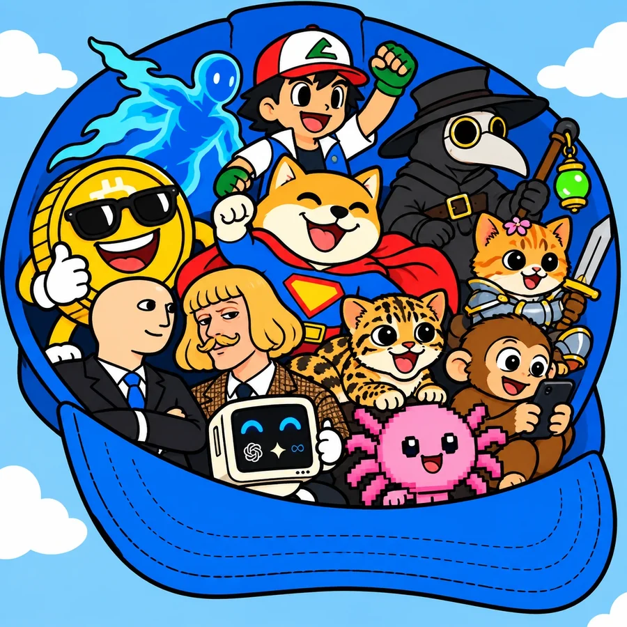 A crowd of meme characters packed inside a big blue cap