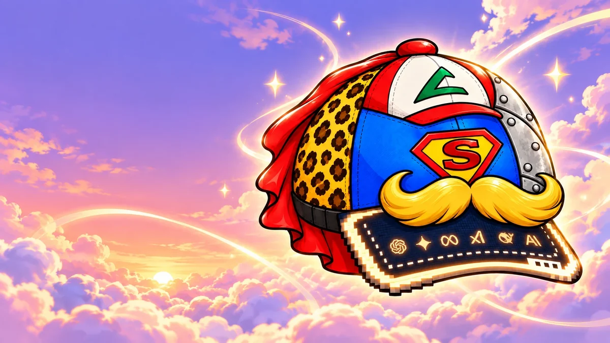 The Meta Cap floating over sunset clouds